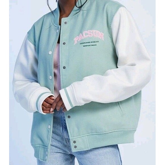 Pacsun Newport Beach Varsity Letterman Jacket Women XS/S Mint Green Ivory Clean - Picture 1 of 8